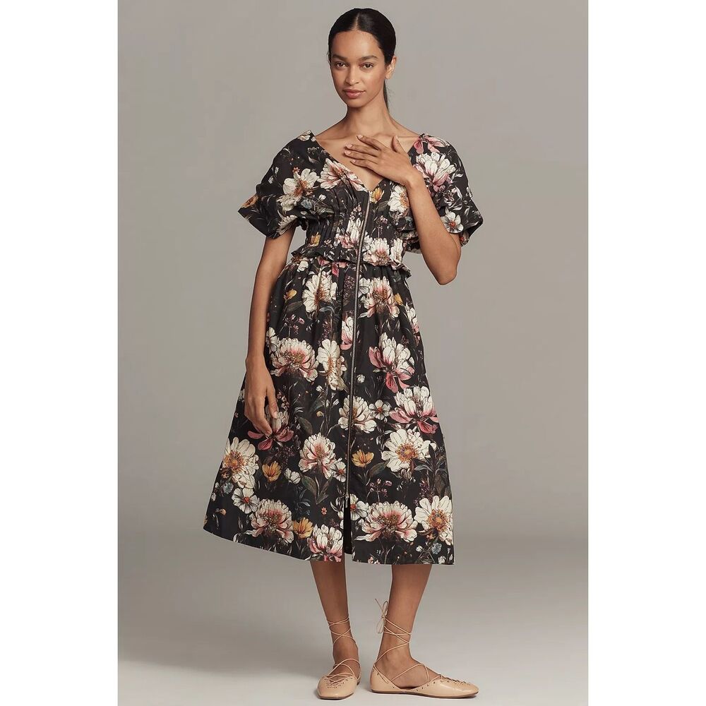 New Anthropologie V-Neck Zip-Front Midi Dress sz Medium